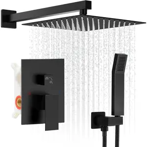Black Shower Faucet Set, 10 inch Rain Shower System with Pressure Valve, Wall Mounted 2-Functions Shower Systems with Rain Shower and Spray Shower Trim Included