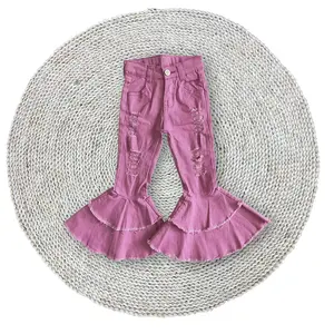 Baby Girls Cowgirls Western Purple Distressed Elastic Waistband Stretchy Double Ruffles Bell Bottom Denim Jeans Pants Trousers