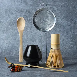 Matcha Whisk Set Matcha Making Kit Whisk (Chasen Stand) Ceramic Whisk Stand (Black) Bamboo Spoon Powder Frother Sieve Spoon Japanese Tea Ceremony Gift