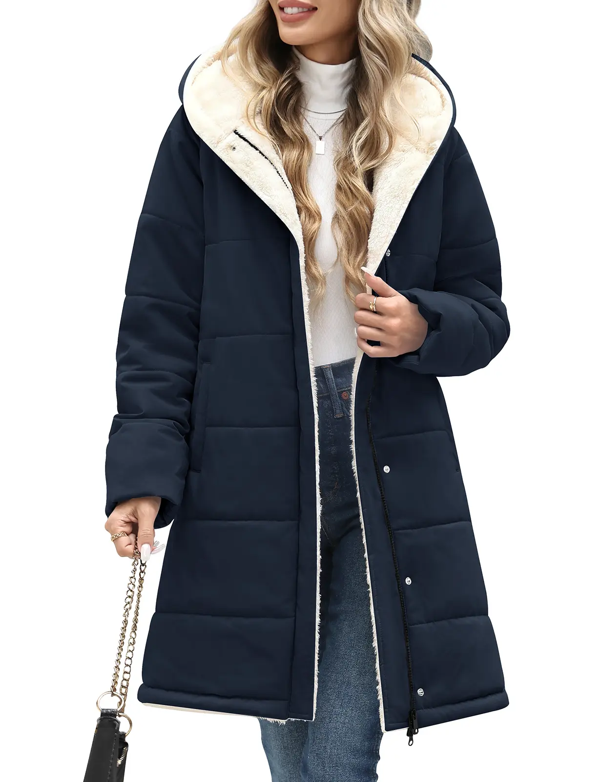 Heekpek Women's Soft Thick Hooded Winter Parka - Full-Zip Mid-Length Puffer Coat with Faux Sherpa Lining for Daily Outdoor Travel