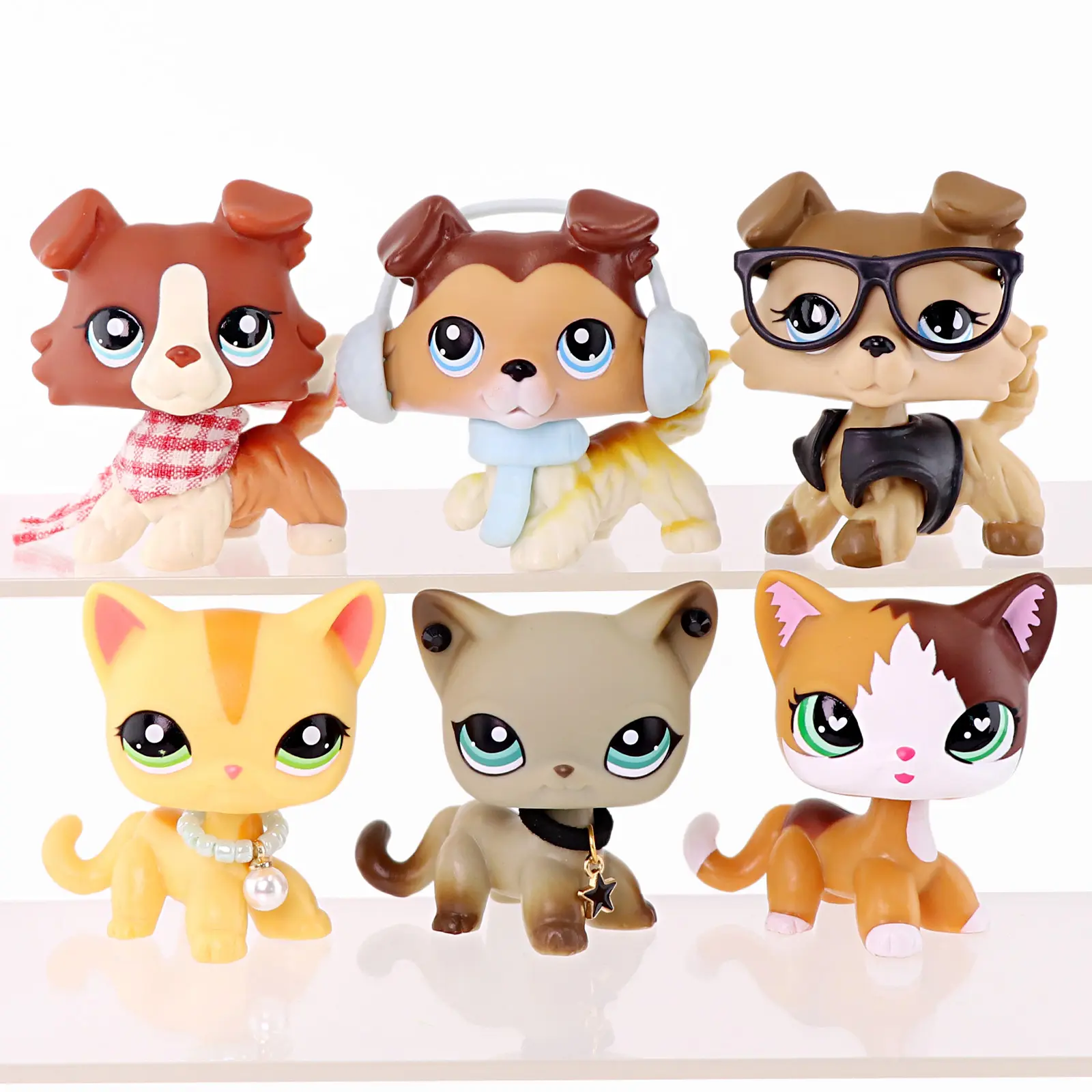 6 Pcs Cute Mini Pet Figurines Set, Cartoon Collie Puppies & Striped Cats Collectible Dolls with Earmuffs, Glasses, Scarf, Pearl Necklace & Star Pendant Accessories,Animal Figures for Kids Pretend Play, Birthday Party Favor Gift for Girls Boys Ages 4+