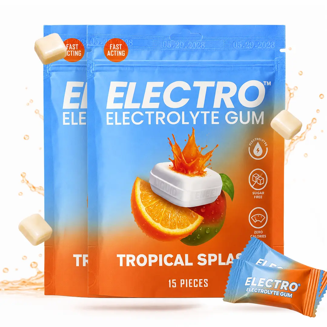 ELECTRO Hydration Chewing Gum - Sugar-Free Electrolyte Gum, Fast-Acting Liquid Core, 0 Calorie, Gluten-Free, Sodium Potassium Magnesium, Tropical Splash Flavor, Fast Hydration for Gym, Sports, 30 or 60 Pieces, Zero Calorie