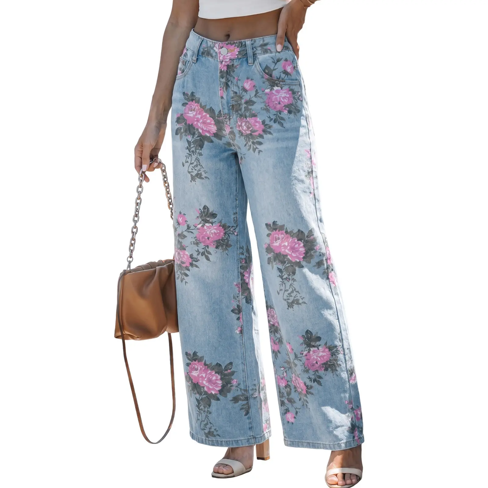 Women's Vintage Summer Floral Print High-Waist Wide-Leg Cotton Fabric Cropped Denim Bottoms - Comfortable Everyday Pants with Pockets, Button Fly for Outdoor Plant-Themed Outings