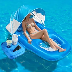 Fabric Covered Inflatable Pool Lounger Float Adult, 70"x39" Extra Large Pool Float w/ UPF50+ Sunshade Canopy & Cupholder Caddy, Water Floaties Raft Recliner Chair for Pool Party Lake Beach