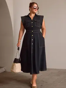 【Plus Size】 Pocket Button Dress, Casual Collared Dress for Daily Outdoor Wear, Women Plus Clothing for Summer