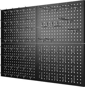 74PCS Pegboard Wall Organizer, 4 Pack Metal Pegboard Panels with 70 Hooks, 32" x 24" or 64" x 12" Black Peg Board for Walls, Garage, Craft Room, Cold-Rolled Steel