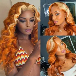 Long Orange Lace Front Wigs Highlight Color Skunk Stripe Ginger Mixed Blonde Lace Front Wig Curly Wavy Wig Natural Looking Heat Resistant Hair for Daily Party Cosplay Halloween Use 200 Density