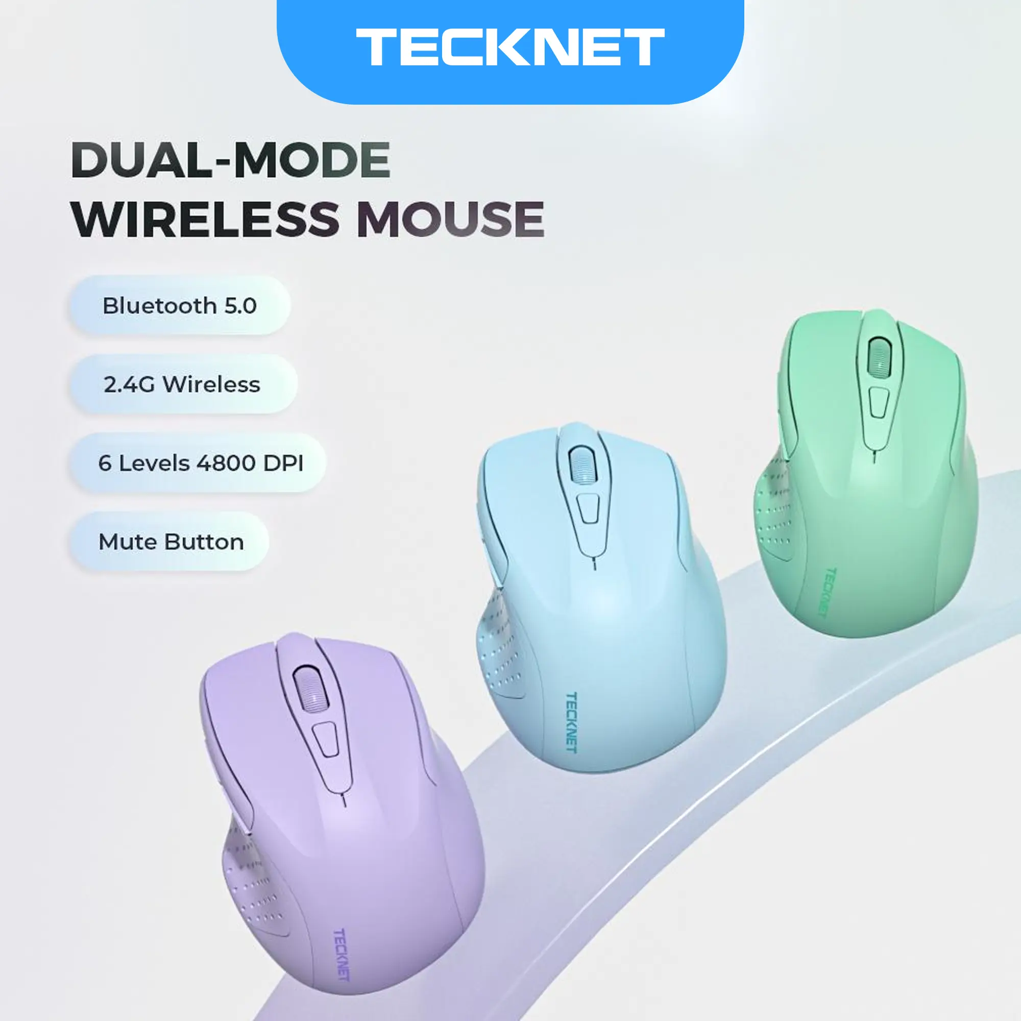 TECKNET Rechargeable Wireless Computer Mouse - Dual-Mode BT5.0/3.0 & 2.4G Connectivity, 4800 DPI Silent 6-Button, USB Adapter Included, Wide Compatibility for Laptops & Desktops, Rechargeable Wireless Mouse