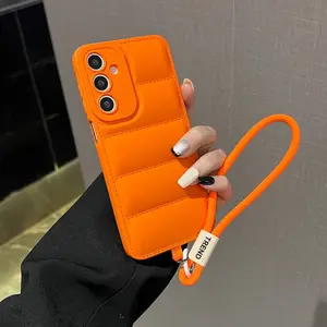 Phone Case For Samsung S24 S23 FE S25 S22 S26 Plus Ultra 5G Protective Down Jacket Lanyard Wrist Strap Phone Case
