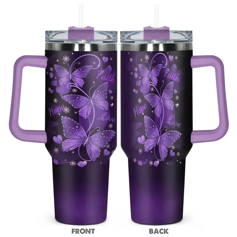 40oz with Lid & Straw, Butterfly & Letter Pattern Stainless Steel Water Bottle and Durable, Insulated Travel Drinkware, Vacuum Insulated Tumbler, Hydration Tumbler, Gift for Any Occasion, Drinkware, Insulated Water Bottles