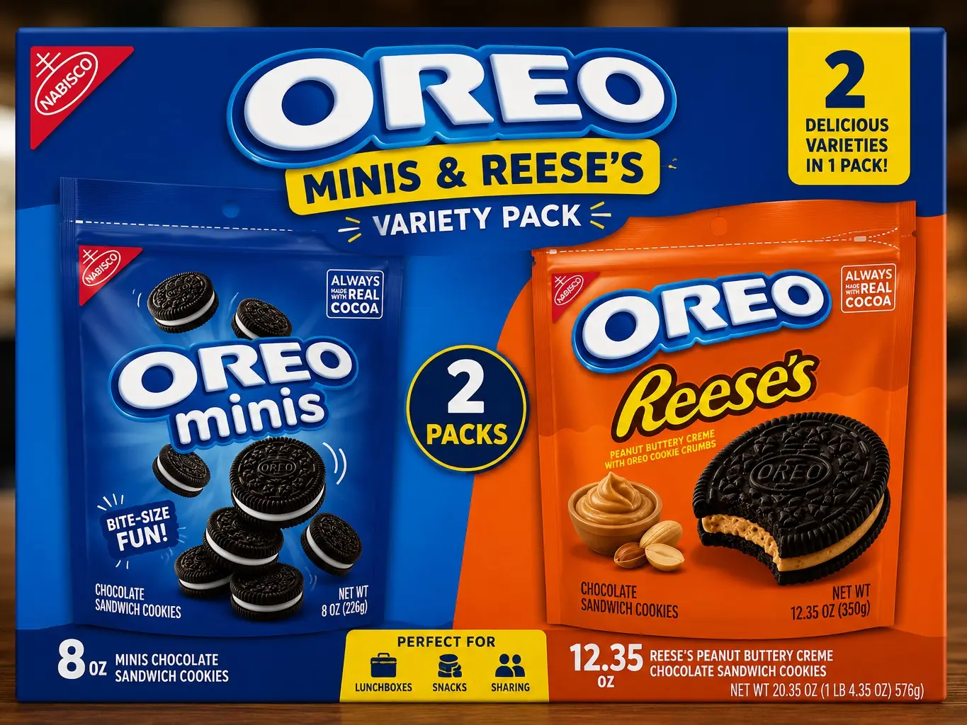 Chocolate Sandwich Cookie Variety Pack, Mini Bite-Size Cookies & Peanut Butter Creme Filled Cookies, 2-Pouch Snack Bundle
