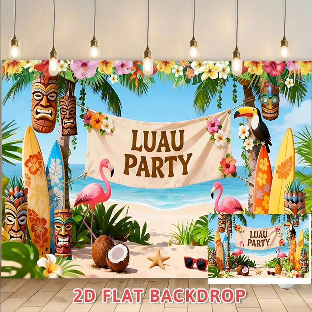 1PC,2D Flat Backdrop Hawaiian Luau Party Backdrop Summer Beach Flamingo Surfboard Scene Decoration Background Banner For Birthday Festival Outdoor Photography Party Decor