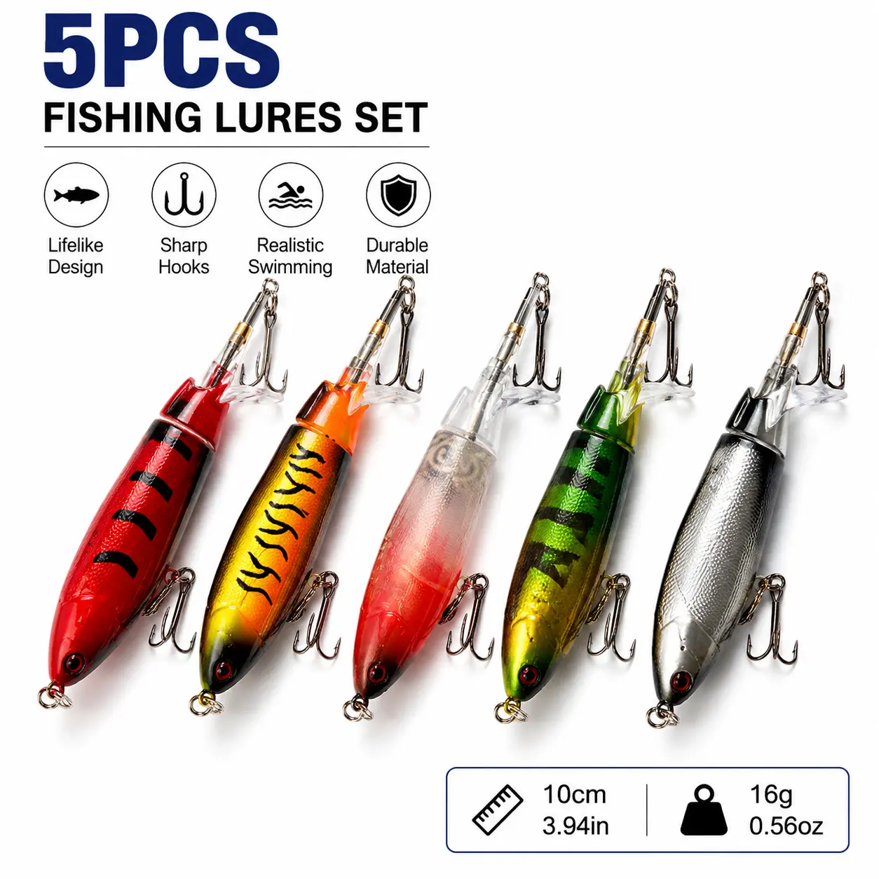 [5-Pack Value Box] Colorful Topwater Propeller Swimbait Fishing Lures, 10cm 16g ABS+Metal Floating Hard Baits with Sharp Treble Hooks, Hooked Ready Freshwater Bass Tackle for Lake Angling