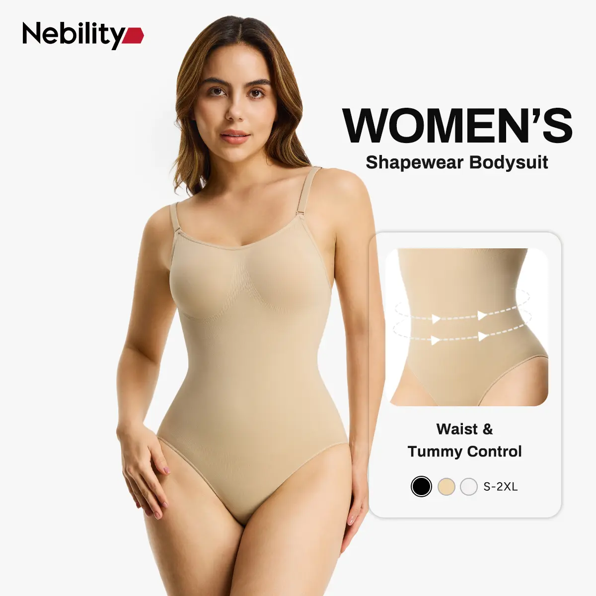 [Live] Nebility Women's Shapewear Bodysuit - V-Neck Spaghetti Strap, Tummy Control & Hip Lift, Shockproof Basic Bodysuit Womenswear  Minimalist High Waist Shaper Vneck