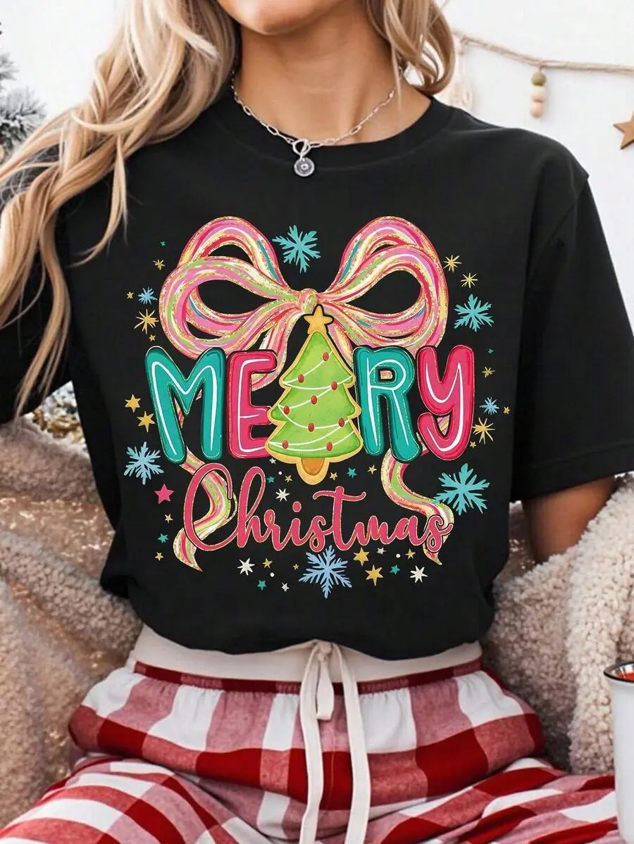 Colorful Christmas "Merry" Print Casual Plus Size T-Shirt for Home Wear Black Loose Fit Short Sleeve Round Neck Summer Style