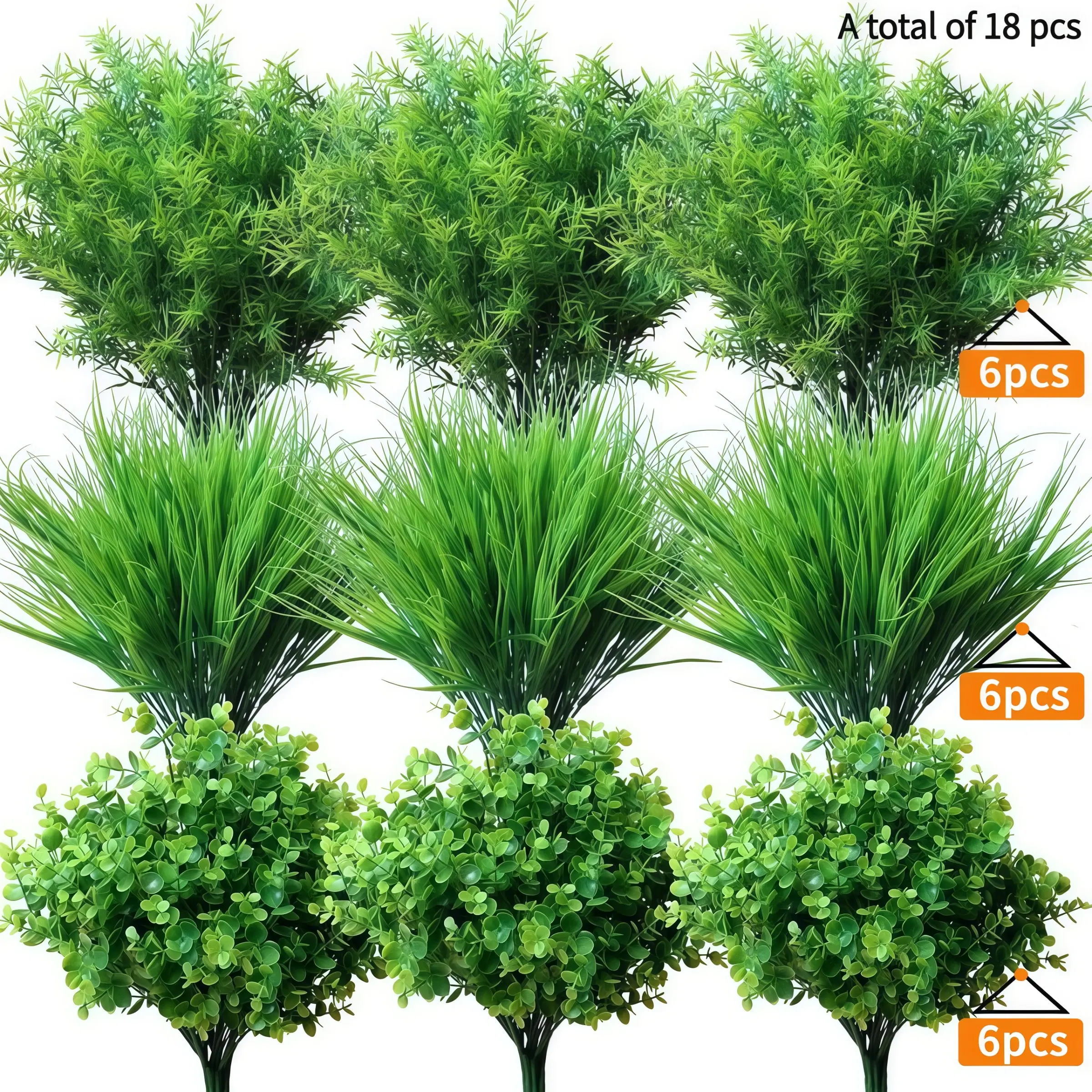 18 Pcs Artificial Plants Greenery Stems, Decorative Stems, 3 Types Realistic Faux Eucalyptus Set Grass Shrubs, Bush Plant, UV Resistant Faux Greenery for Outdoor Indoor Home Garden Farmhouse Wedding Party Table Centerpieces DIY Decoration