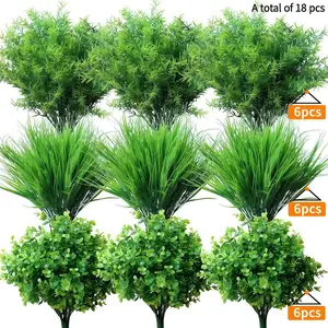 18 Pcs No Fade Artificial Plants Greenery Stems, 3 Types Realistic Faux Eucalyptus Grass Shrubs, Simulation Bush Plant, UV Resistant Faux Greenery for Outdoor Indoor Home Garden Farmhouse Wedding Party Table Centerpieces DIY Decoration
