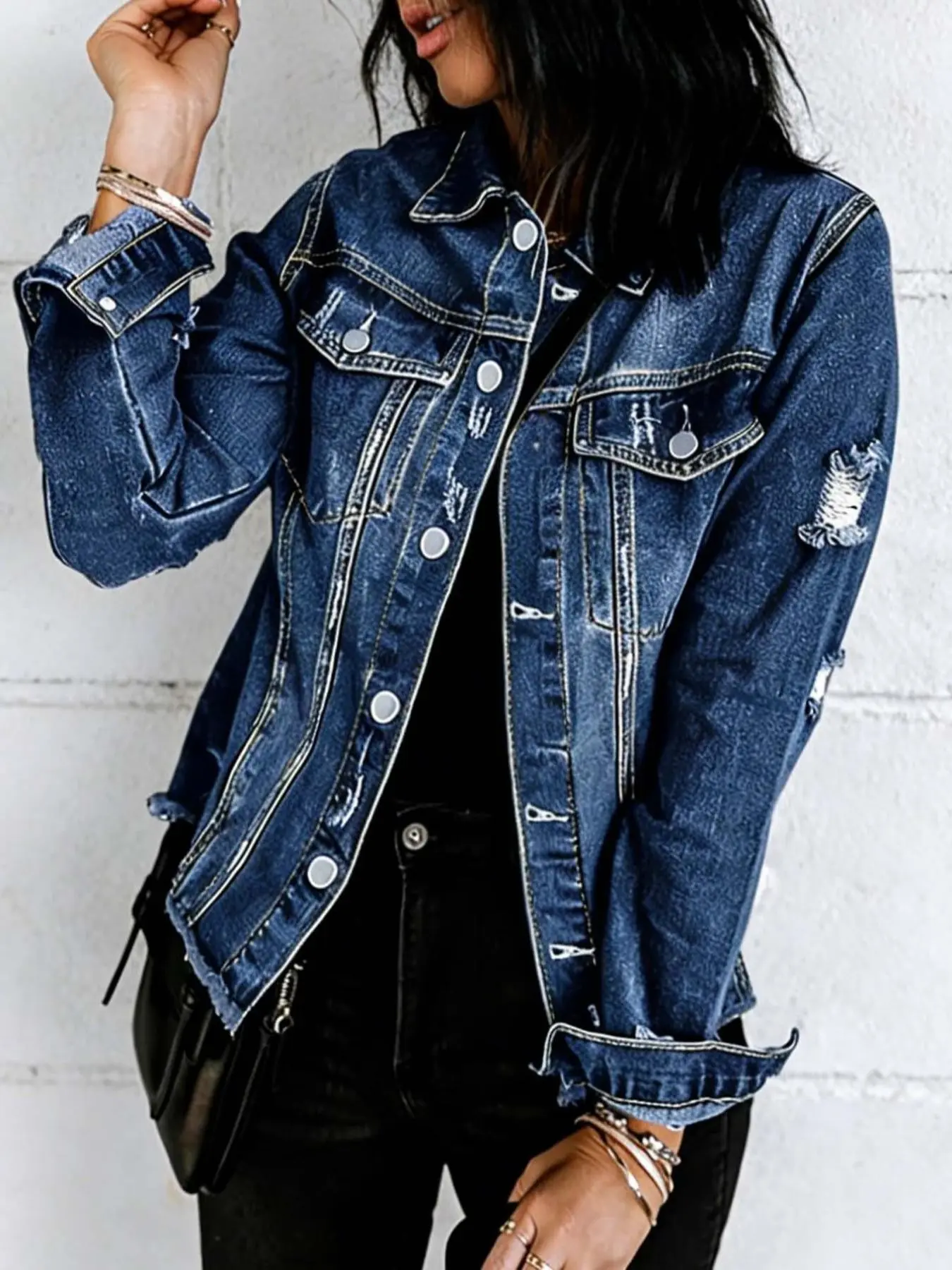 Women's Plus Size Long Sleeve Denim Jacket, Frayed Hem Design, Ripped Solid Color Casual Everyday Fitted Outerwear, Fashion Trendy Jean Coat, Button, Womenswear