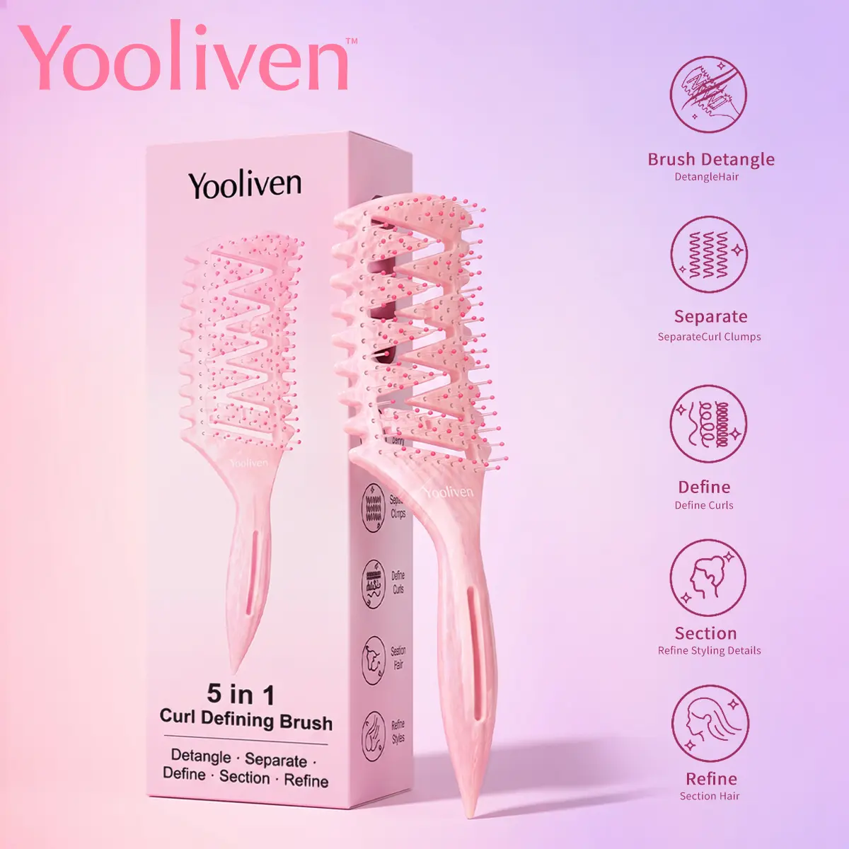 Yooliven 5-in-1 Curl Defining Brush - Anti-Frizz Detangling Tool, Curl-Defining Hollow Teeth & Anti-Static Bristles, Round-Tip Pins, for Natural Curly & Wavy Hair, Effortless Knot Release