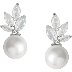 SWEETV Cubic Zirconia Pearl Drop Wedding Earrings for Brides, Ivory Bridal Pearl Earrings for Bridesmaid Jewelry Gift