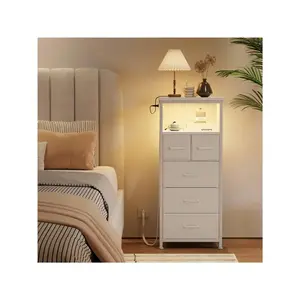 Vertical 5 Drawers Dresser With Led Lights For Bedroom, Living Room, Nightstand With Charging Statio