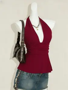 Summer Women's Halter Neck Waist Cinch Ruched Casual Fitted Backless Sleeveless Tank Top, Stylish, Chic and Comfortable, Perfect for Warm Weather, Womenswear