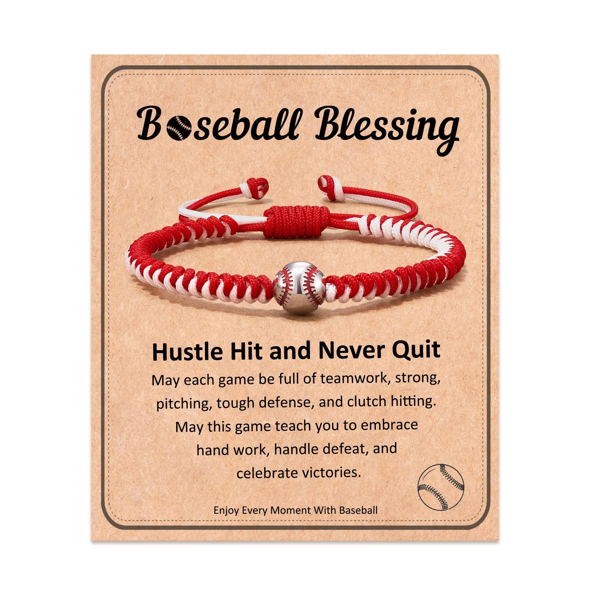 Youth Baseball Charm Bracelet - Adjustable Size 7-9" Braided Cord Artificial Gemstone Jewelry, Christmas/Birthday/Graduation Gift for Teen Teams, Sports & Casual Daily Wear Accessory (Black and White)
