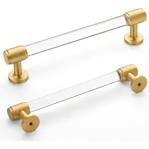 -Solid Brass and  Kitchen Cabinet Pulls 5 Pack,Brushed  Modern Dresser Drawer Handles, 5-inch Furniture Pulls for Cupboard Wardrobe Closet  Clear Glass  Pulls