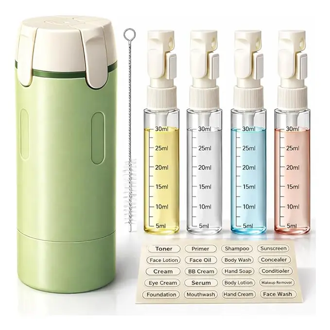 4-in-1 Plastic Body Travel Toiletry Dispensing Bottles - Leak-Proof Pump System Containers for Shampoo, Conditioner, Lotion, Travel & Business Trips