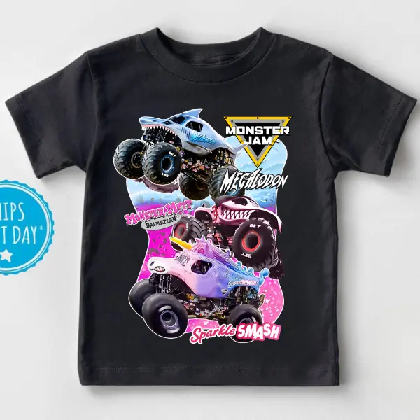 Youth and Adult Monster Youth T-Shirt, Pink Monster Truck Graphic Tee, Megalodon, Sparkle Smash & Monster Mutt Shirt, Birthday Gift for Boys and Girls, Youth Casual Wear, Gift For Son And Daughter, family matching shirt, holiday shirt, youth clothing