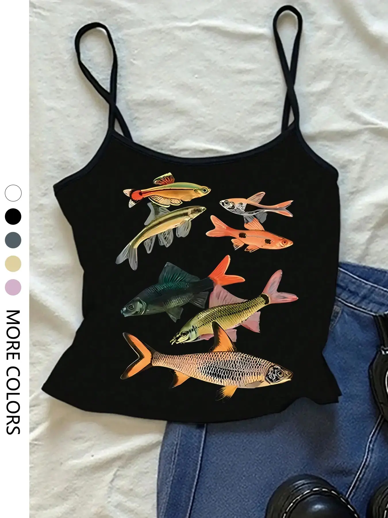 Women's Casual Funny Fish Print Tight-Fit Tank Top, Camisole Tank Top, Spaghetti Strap, Sweet Spicy Sleeveless Design, Thin Fabric Summer Home Wear, Stylish Crop Top, Trendy Look, Casual Fashion, Womenswear