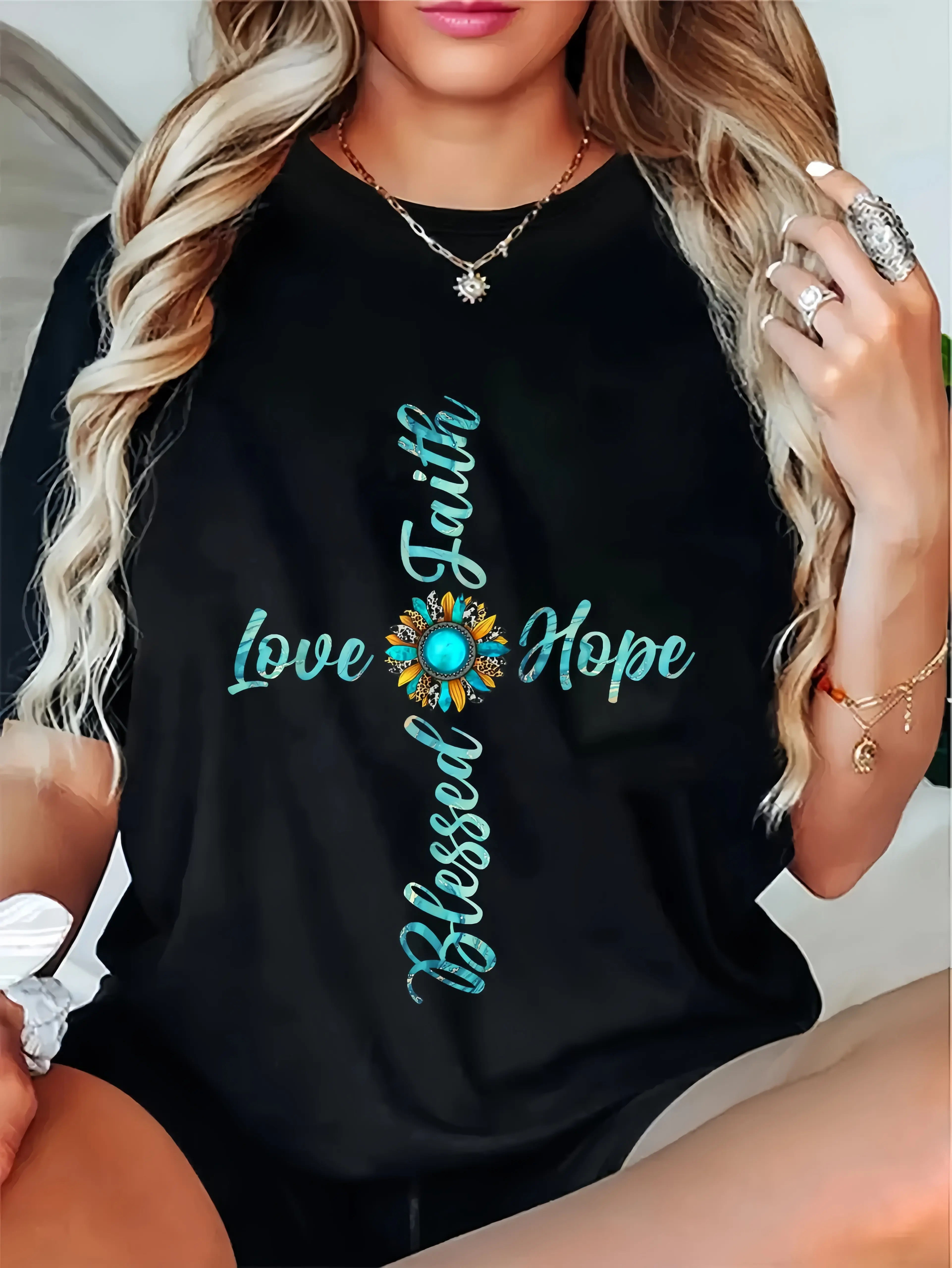 Women's 100% Cotton Graphic Short-Sleeve Round Neck Tshirt - Relaxed Cut Sports Top, Floral Sunflower Leopard Print, Faith Hope Love Design, Vivid Color Hold, Anti-Fade Print, Garment Tested, Multi-Size (Sports & Outdoor Clothing)