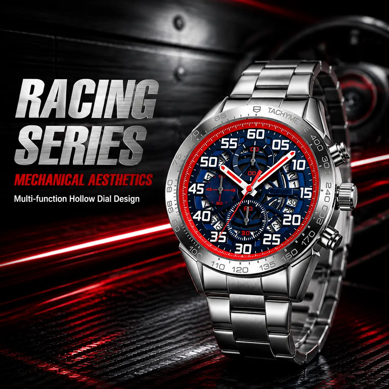 Racing Style Mens Quartz Wrist Watch Tachymeter Scale Bezel Multi‑Function Chronograph 3D Stereo Dial Stainless Steel Sports Watch