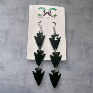 3-Tier Black Mini Arrowhead Earrings | Handmade Polymer Clay | Sterling Silver .925 Hooks | Lightweight & Hypoallergenic | Textured Tribal-Inspired Dangle Earrings | Creative Clay