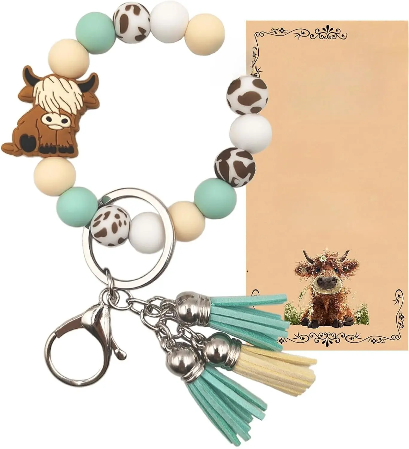 Highland Cow Silicone Beaded Keychain Wristlet Bracelet with PU Leather Tassel for Women Girls Casual Key Wrist Jesus Cross Keychains