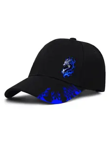 Blue Flame Dragon Print Unisex Baseball Cap, Street Fashion Outdoor Sports Hat, Adjustable Curved Brim, All Seasons