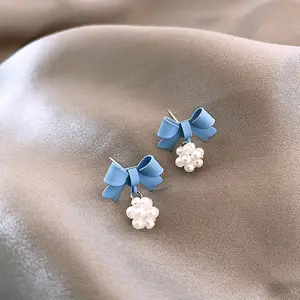 Exquisite Cute Blue Bow Imitation Pearl Ball Cluster Earrings Daily Party Elegant Earrings Girlfriend Valentine's Day Surprise Gift