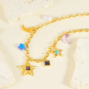 Unique Stainless Steel Pentagram Colorful Stone Necklace Niche Design Star Moon T Shirt Chain Versatile Accessory