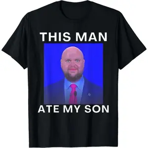 Men's Classic Short-Sleeve Cotton T-Shirt - Menswear Top with "This Man Ate My Son" Funny Ironic Meme Graphics, Knit Garment, Versatile Sportswear Prints