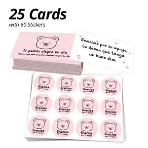 Spanish Thank You Cards Set, 25 Cards + 60 Stickers, Cute Bear Design, Ideal for Small Businesses & Personal Shops