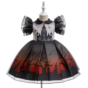 Print Kids Clothes 061 Black Halloween Dress Children Cosplay Costume Fancy Carnival Pumpkin Witch Vampire Party Holiday Princess Frock  3-8Y