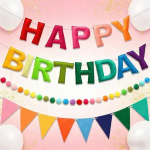 Rainbow-Themed Birthday Decor Set｜Pre-strung design requires no assembly. 3D felt pieces are reusable. Thickened felt fabric resists wrinkling. Quickly set the mood.