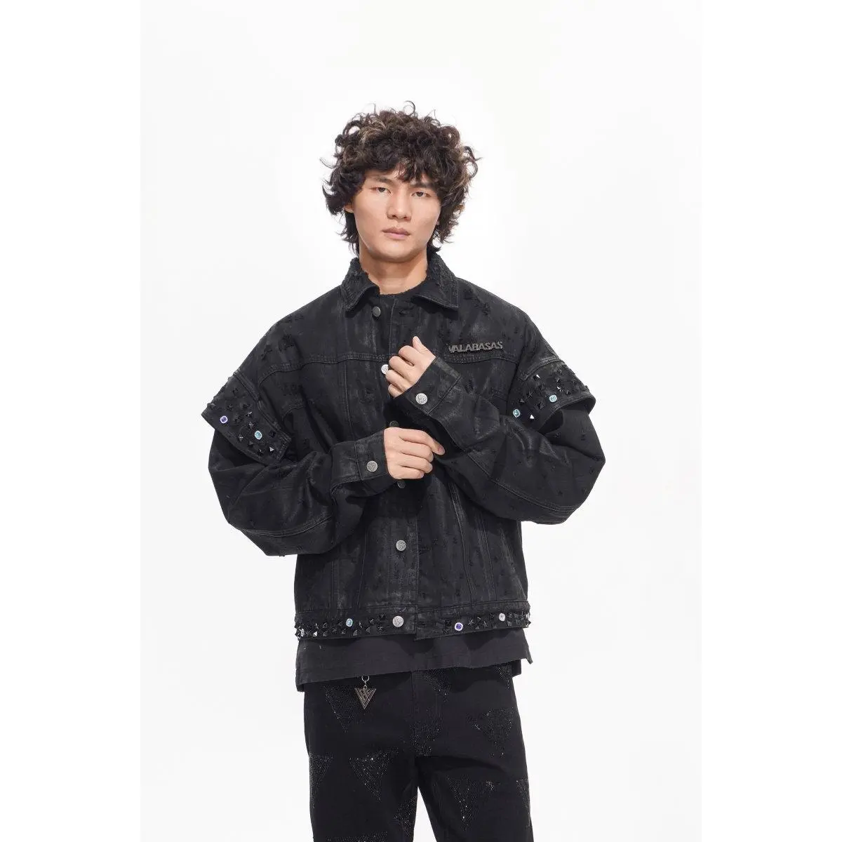 Men's Distressed Denim Jacket in Black Waxed Cotton with Patchwork, Stud Accents, and Embroidery - Unisex Streetwear Outerwear, Menswear, Coats, Tops, Pocket, Casual, Black Waxed Denim, Street-Luxe, Cold Wash, Hang Dry, Relaxed Cut, Patchwork Look, Oversi