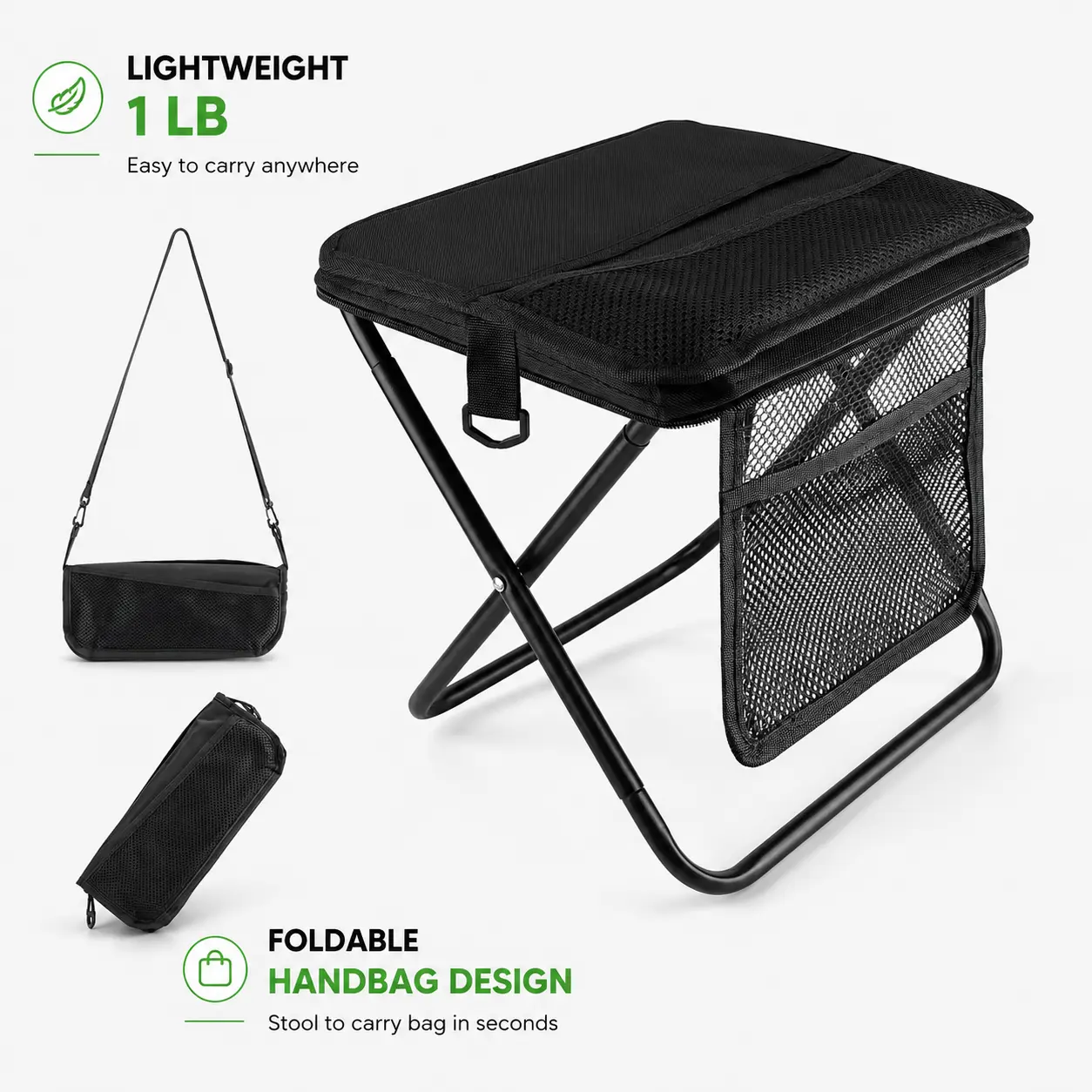 Portable Collapsible Stool, Handbag-Style Folding Camping Stool with Shoulder Strap, Lightweight Compact Foldable Backpack Stool, Portable Seats & Stools for Adults, Ideal for Fishing, Hiking, Camping, Picnic, Garden & Outdoor Work
