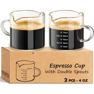 Espresso Cups Set of 2, 4 Oz Espresso Shot Glass with Handle Double Spout Measuring Cups with Scale Clear Glass Milk Cup Coffee Accessories  for Making Coffee Desserts Salad Dressing