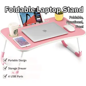 Laptop Bed Desk, Portable Foldable Laptop Table with 4 USB Ports, Storage Drawer & Cup Holder, Multifunctional Lap Desk Tray for Working, Reading & Eating in Bed & Couch