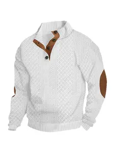 Men's Embroidered Knit Long Sleeve Top, Autumn Winter Simple Stand Collar Shirt, Solid Color Round Neck T-Shirt, Gift for Boyfriend