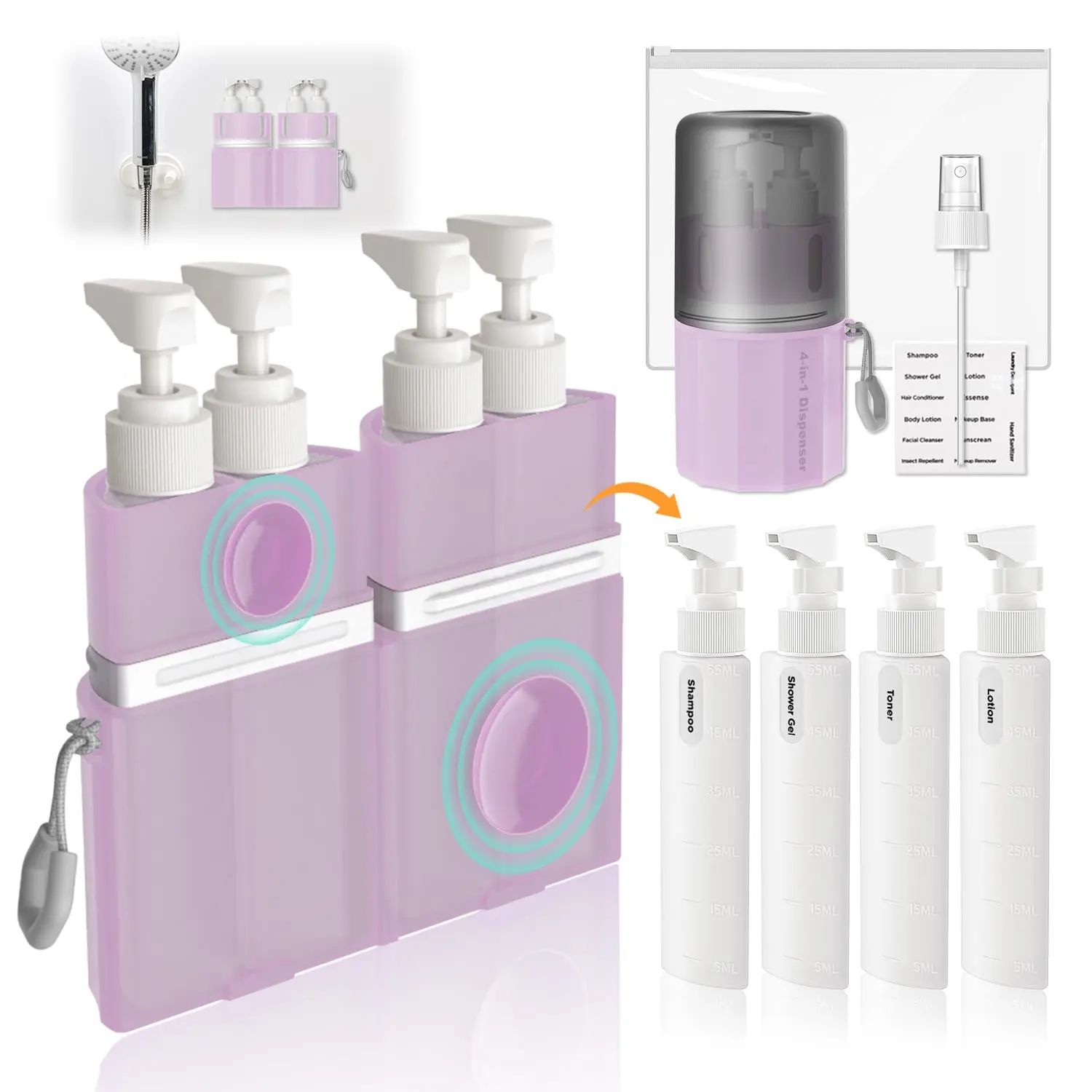 4-in-1 Travel Toiletry Dispenser, TSA Approved Leak-Proof Set with Wall-Mount Suction Cup, Includes 4x 55ml Refillable Pump Bottles for Lotion, Pink, Transparent, Leak-Proof Buckle
