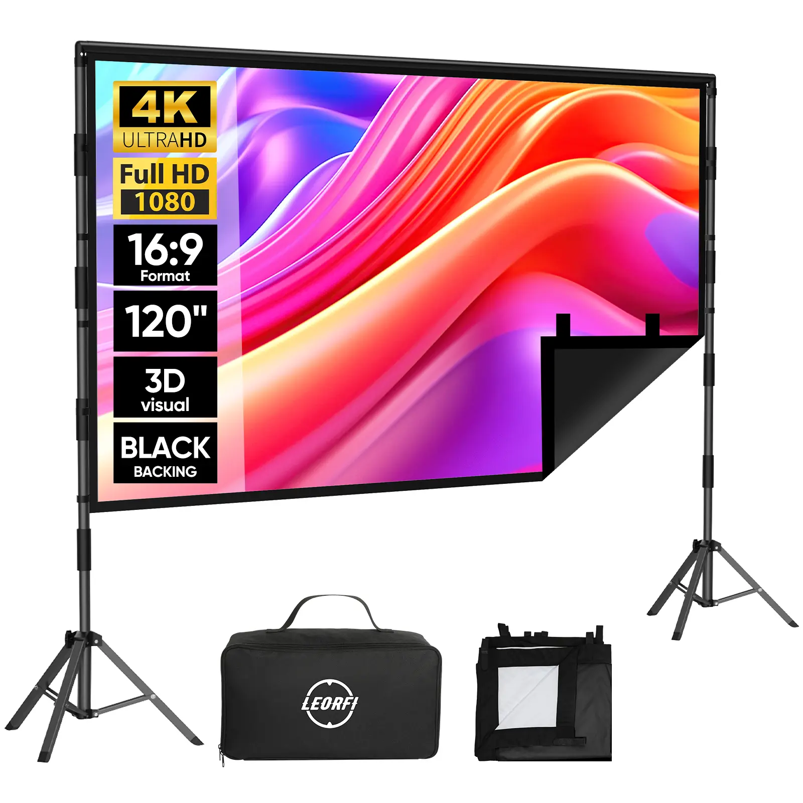 120 inch Projector Screen with Stand: LEORFI Outdoor Black Backing Projection Screen Indoor - Upgraded Movie Screen 16:9 4K HD - Wrinkle-Free Lightweight Movie Screen with Carry Bag for Backyard Night