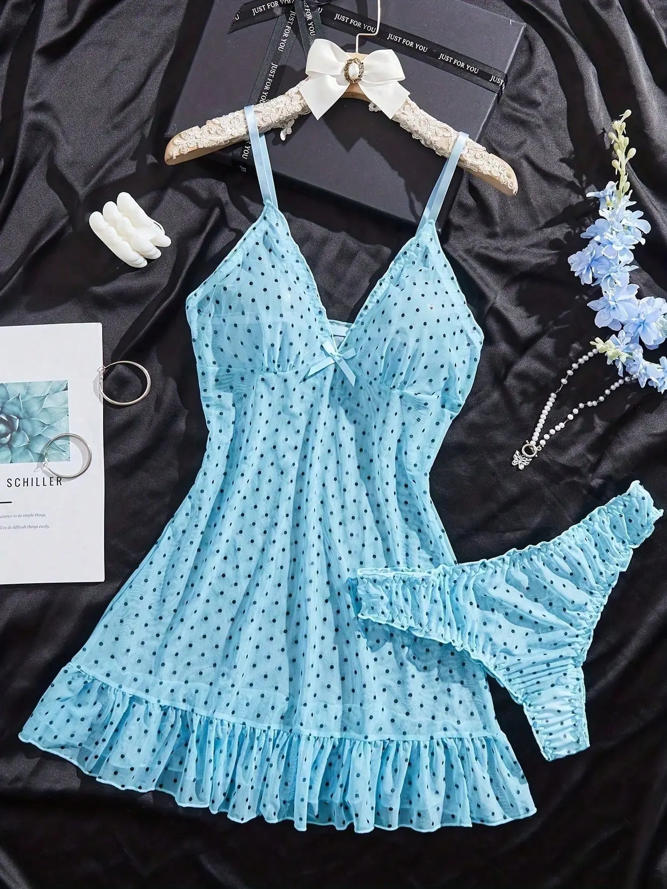 Ladies' Polka Dot Lace Nightgown with a V-Neck Design, Featuring a Sexy Sheer Slip with a Ruffled Sweet Hem (Includes Panties)